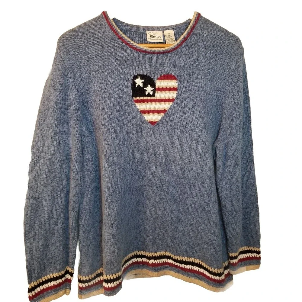 CJ Banks Vintage Sweater Knit Womens 1X Fall Winter Heart Blue Pullover